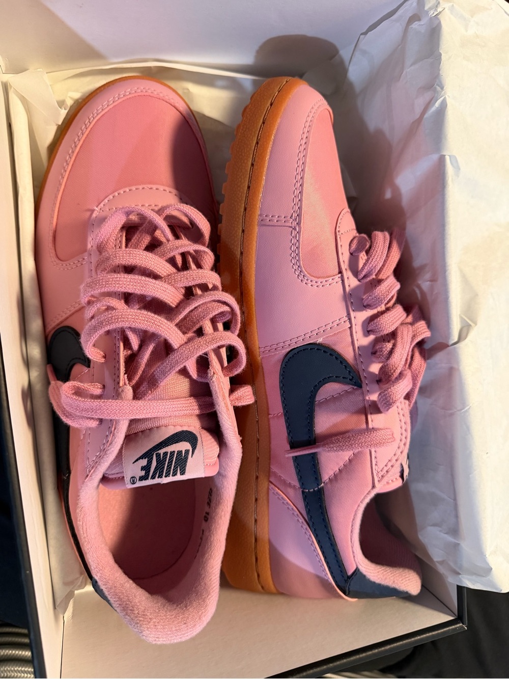 Nike Kids Pink Sneakers with Navy Swoosh and Gum Sole